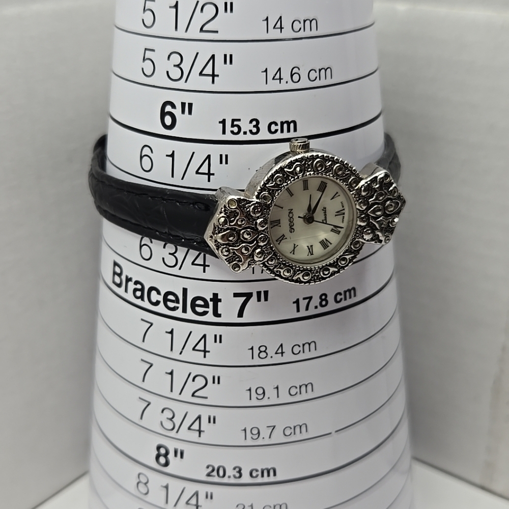 Womens Vintage Sasson Watch Silver Tone Mother of Pearl Marcasite New Battery - Picture 6 of 12